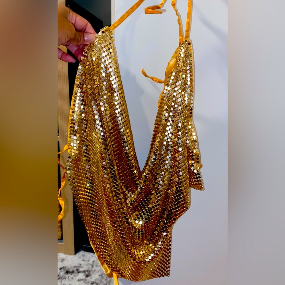 Golden Metallic Mesh Halter Top
